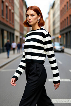 Kadın Uzun Kol Bisiklet Yaka Çizgili Crop Triko Kazak Günlük Şıklık ve Konfor Sunan Model Kaliteli