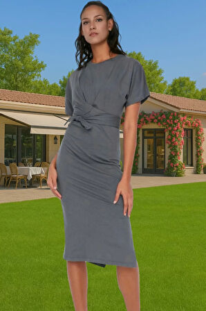 Yazlık Kadın Pamuk Midi Elbise Bodycon Kalıp Bağcıklı Tasarım Modern Stil Profesyonel Görünüm