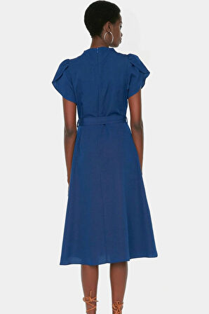 Pamuklu Polyester A Line Midi Elbise Kuşaklı Balon Kol Yazlık Konforlu Kesim Dayanıklı Malzeme