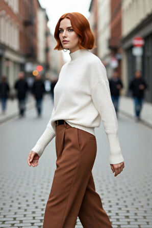 Kadın Basic Düz Desen Oversize Kesim Dik Yaka Triko Kazak Reglan Kol Kış Aylarının Konforlu Şıklığı