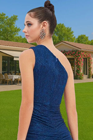Parıltılı Örme Mini Bodycon Abiye Elbise Astarlı Tek Omuz Yazlık Polyester Modern Stil Rahat Ve Şık