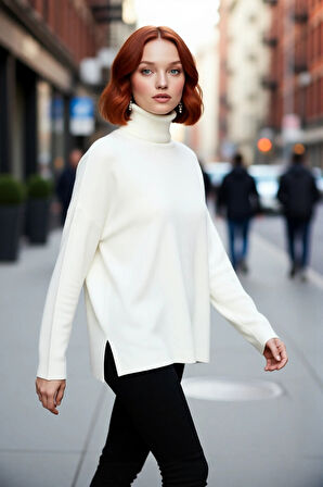 Kadınlar İçin Konforlu Oversize Basic Düşük Kol Balıkçı Yaka Triko Kazak Kış Günleri Şıklığı