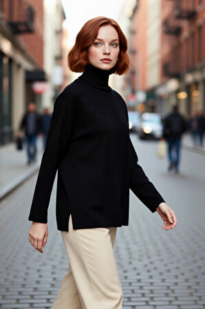 Kadınlar İçin Konforlu Oversize Basic Düşük Kol Balıkçı Yaka Triko Kazak Kış Günleri Şıklığı