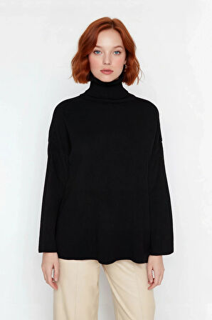 Kadınlar İçin Konforlu Oversize Basic Düşük Kol Balıkçı Yaka Triko Kazak Kış Günleri Şıklığı