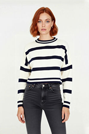 Kadın Uzun Kollu Bisiklet Yaka Çizgili Crop Triko Kazak Casual Tarz Gündelik Kombin Kaliteli