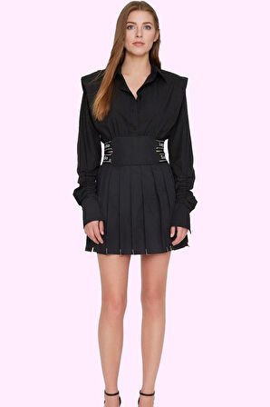 Kadın Kemerli A line Mini Etek Metal Detaylar Nefes Alan Poplin Yaz Aylarının Vazgeçilmezi