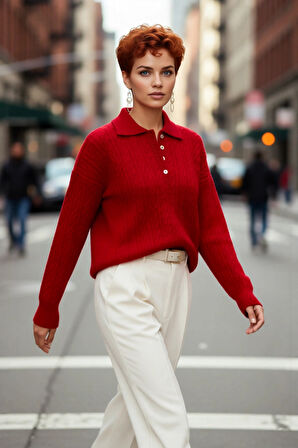 Kadın Kışlık Oversize Polo Yaka Saç Örgü Triko Kazak Düşük Uzun Kollu Basic Rahat Tasarım Kaliteli