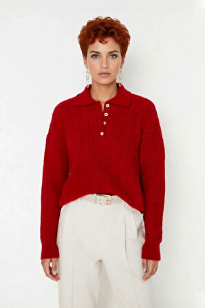 Kadın Kışlık Oversize Polo Yaka Saç Örgü Triko Kazak Düşük Uzun Kollu Basic Rahat Tasarım Kaliteli