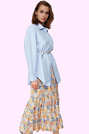 Kadın Çiçek Desenli Kemerli Maxi Etek Viskoz Dokuma Kumaş Rahat Günlük Yaz Aylarının Vazgeçilmezi