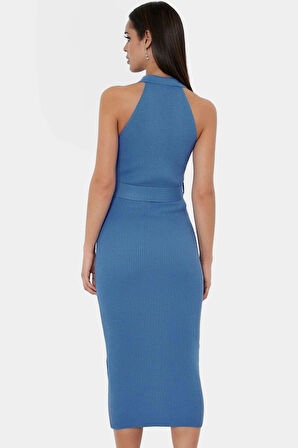 Yazlık Akrilik Midi Elbise Bodycon Kesim Polo Yaka Kemerli Konforlu Kaliteli İşçilik