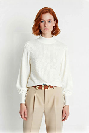 Kadın Dik Yaka Dokulu Balon Kol Regular Kalıp Akrilik Triko Kazak Günlük Ve Rahat Kış Kombinleri