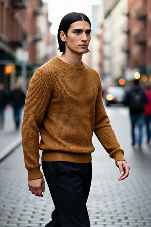 Erkek Regular Kesim Bisiklet Yaka Dokulu Triko Kazak Soğuk Havalarda Konforlu Stil Kaliteli