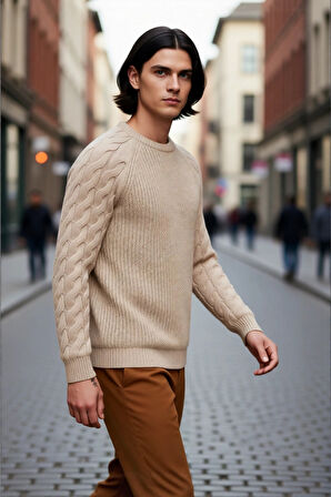 Unisex Basic Regular Kalıp Bisiklet Yaka Saç Örgü Desenli Kalın Triko Kazak Kışlık Şıklık Kaliteli