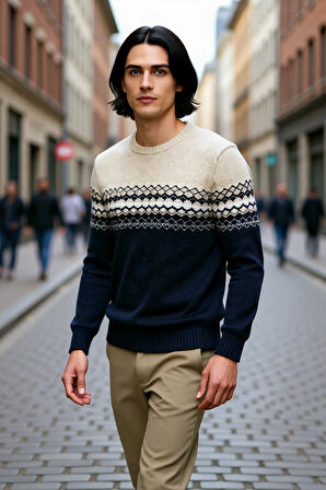 Erkek Fitted Bisiklet Yaka Etnik Desenli Triko Kazak Soğuk Havalar İçin Şık ve Konforlu Bir Tercih