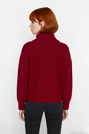 Kadın Oversize Rahat Kesim Düşük Kol Fermuarlı Dik Yaka Triko Selanik Örgü Uzun Kollu Kazak