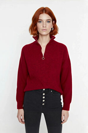 Kadın Oversize Rahat Kesim Düşük Kol Fermuarlı Dik Yaka Triko Selanik Örgü Uzun Kollu Kazak