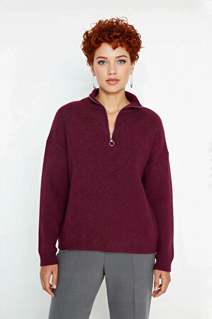 Kadın Oversize Rahat Kesim Düşük Kol Fermuarlı Dik Yaka Triko Selanik Örgü Uzun Kollu Kazak