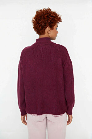 Kadın Oversize Rahat Kesim Düşük Kol Fermuarlı Dik Yaka Triko Selanik Örgü Uzun Kollu Kazak