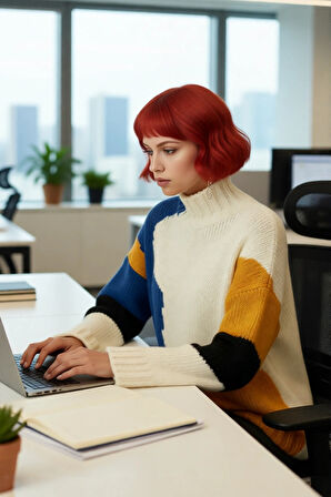 Kadın Oversize Dik Yaka Bej Renk Bloklu Düşük Kol Uzun Triko Kazak Kış Günleri İçin İdeal Seçim