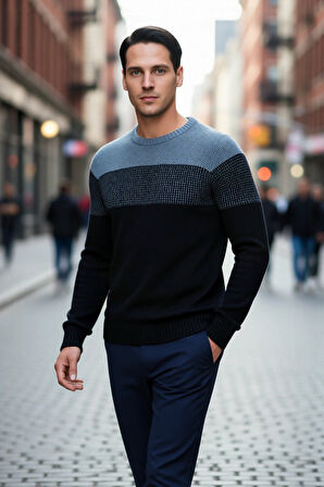 Erkek Rahat Kesim Bisiklet Yaka Renk Bloklu Akrilik Triko Kazak Soğuk Havalar İçin Mükemmel