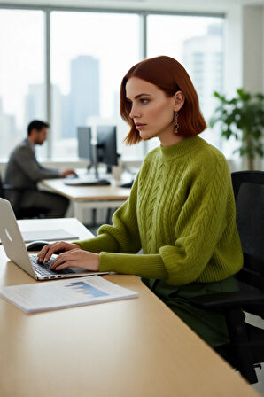 Kadın Regular Fit Yumuşak Dokulu Triko Kazak Balon Kol Dik Yaka Saç Örgü Kış Sezonu Şıklığı