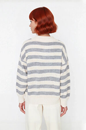 Kadın Oversize Kesim Bej Gri Çizgili Bisiklet Yaka Akrilik Triko Kazak Kışlık Konforu Kaliteli