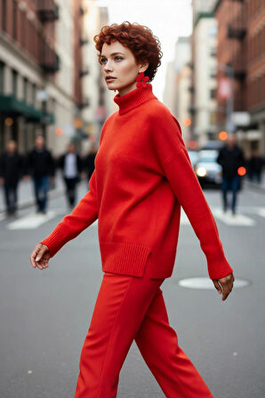 Kadın Günlük Oversize Düşük Kol Dik Yaka Uzun Triko Kazak Kışlık Şık Basic Rahatlık Sunar Kaliteli