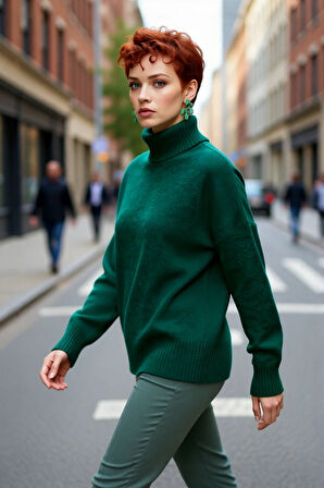 Kadın Günlük Oversize Düşük Kol Dik Yaka Uzun Triko Kazak Kışlık Şık Basic Rahatlık Sunar Kaliteli