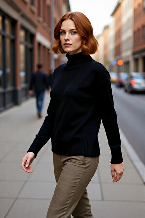 Kadın Günlük Oversize Düşük Kol Dik Yaka Uzun Triko Kazak Kışlık Şık Basic Rahatlık Sunar Kaliteli