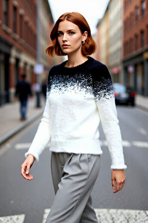 Kadın Casual Ortamlar İçin Bisiklet Yaka Degrade Desenli Uzun Kollu Tüylü Triko Kazak Kış Şıklığı