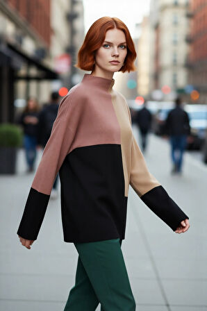 Kadın Casual Ortamlar İçin Dik Yaka Renk Bloklu Standart Kol Triko Kazak Kış Şıklığı Kaliteli