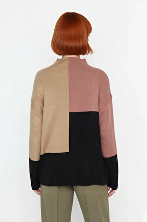 Kadın Casual Ortamlar İçin Dik Yaka Renk Bloklu Standart Kol Triko Kazak Kış Şıklığı Kaliteli