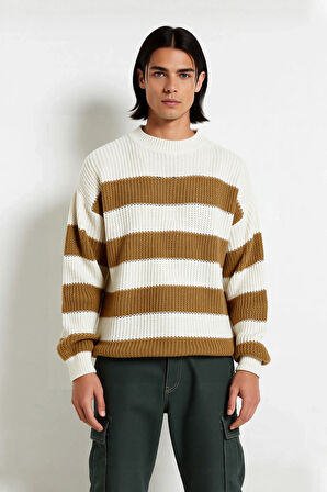 Erkek Günlük Kullanım İçin Şık Çizgili Bisiklet Yaka Akrilik Uzun Kollu Oversize Triko Kazak