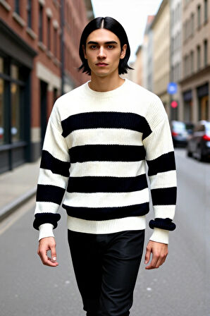 Erkek Günlük Kullanım İçin Şık Çizgili Bisiklet Yaka Akrilik Uzun Kollu Oversize Triko Kazak