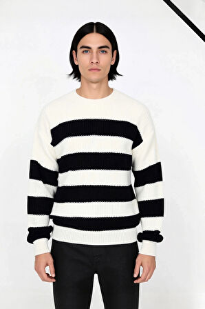 Erkek Günlük Kullanım İçin Şık Çizgili Bisiklet Yaka Akrilik Uzun Kollu Oversize Triko Kazak