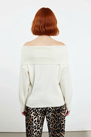 Kadın Triko Kışlık Kazak Regular Kalıp Uzun Kollu Carmen Yaka Günlük ve Şık Kombinler İçin