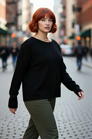 Kadın Büyük Beden Düz Desen Triko Kazak Rahat Kalıp Düşük Kol Bisiklet Yaka Kış Şıklığı Kaliteli