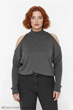 Kadın Rahat Relaxed Kalıp Dik Yaka Düşük Kollu Omzu Açık Detaylı Trend Akrilik Triko Kazak