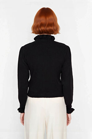 Kadın Casual Regular Kalıp Ajurlu Dik Yaka Bağcıklı Standart Kollu Triko Kazak Soğuk Havalar İçin