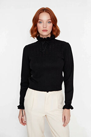 Kadın Casual Regular Kalıp Ajurlu Dik Yaka Bağcıklı Standart Kollu Triko Kazak Soğuk Havalar İçin