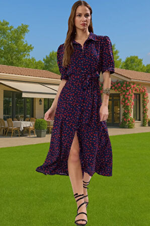 Kadın Yazlık Midi Gömlek Elbise Animal Desenli Viskoz Kumaş Rahat Kalıp Modern Stil Seçkin Malzeme