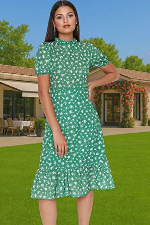Feminen A Kesim Çiçekli Midi Elbise Polyester Dokuma Kısa Balon Kol Rahat Kullanım Rahat Ve Şık