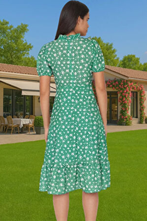 Feminen A Kesim Çiçekli Midi Elbise Polyester Dokuma Kısa Balon Kol Rahat Kullanım Rahat Ve Şık