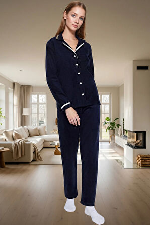 Şık Biye Detaylı Polar Örme Pijama Takımı Kışın Konforu Mükemmel Uyum Özenle Seçilmiş