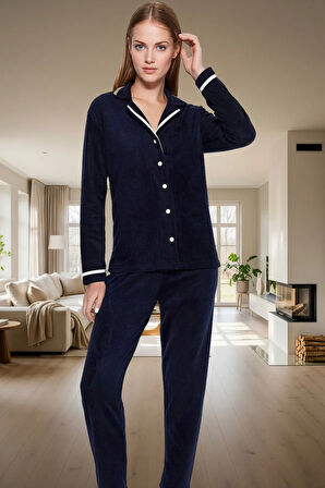 Şık Biye Detaylı Polar Örme Pijama Takımı Kışın Konforu Mükemmel Uyum Özenle Seçilmiş