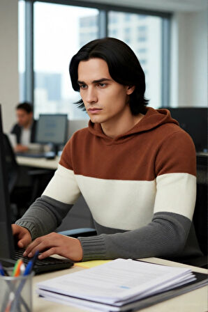 Erkek Kapüşonlu Regular Kalıp Renk Bloklu Triko Kazak Kanguru Cepli Uzun Kollu Kış Şıklığı