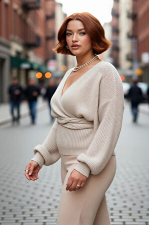 Kadın Regular Fit Selanik Dokuma Kruvaze Triko Kazak V Yaka Uzun Kol Bağlamalı Kışlık Günlük Şık