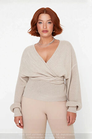 Kadın Regular Fit Selanik Dokuma Kruvaze Triko Kazak V Yaka Uzun Kol Bağlamalı Kışlık Günlük Şık