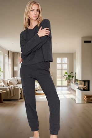 2'li Pijama Takımı Pamuklu Waffle Kumaş Uzun Paça Düşük Kol Kaliteli İşçilik Konforlu Kesim