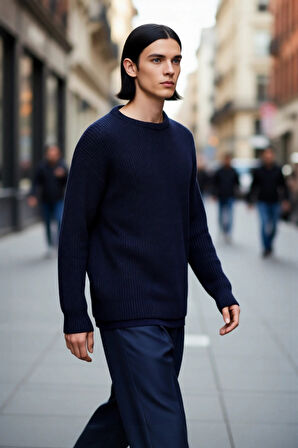 Erkek Geniş Kalıp Bisiklet Yaka Düz Baskısız Kalın Triko Kazak Kış Sezonu İçin İdeal Model